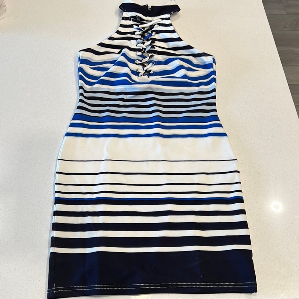 Agaci White & Blue Fitted Halter Dress